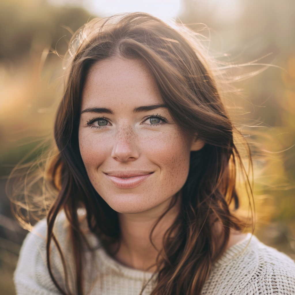 Femme souriante dans la lumière naturelle, cheveux bruns.