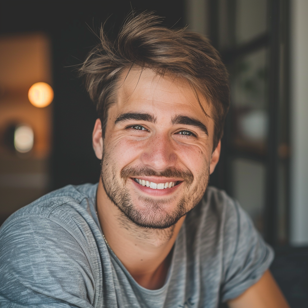 Homme souriant dans un intérieur chaleureux