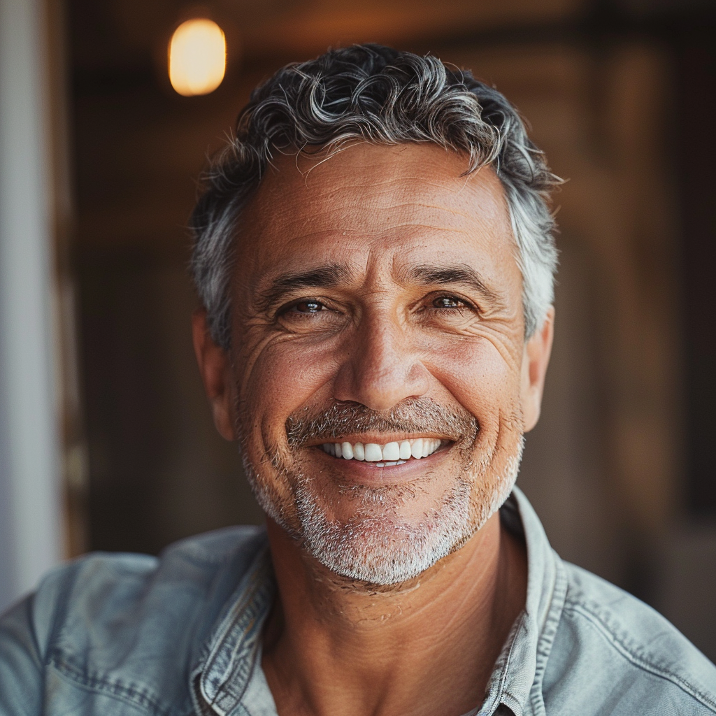 Homme souriant aux cheveux gris et barbe.