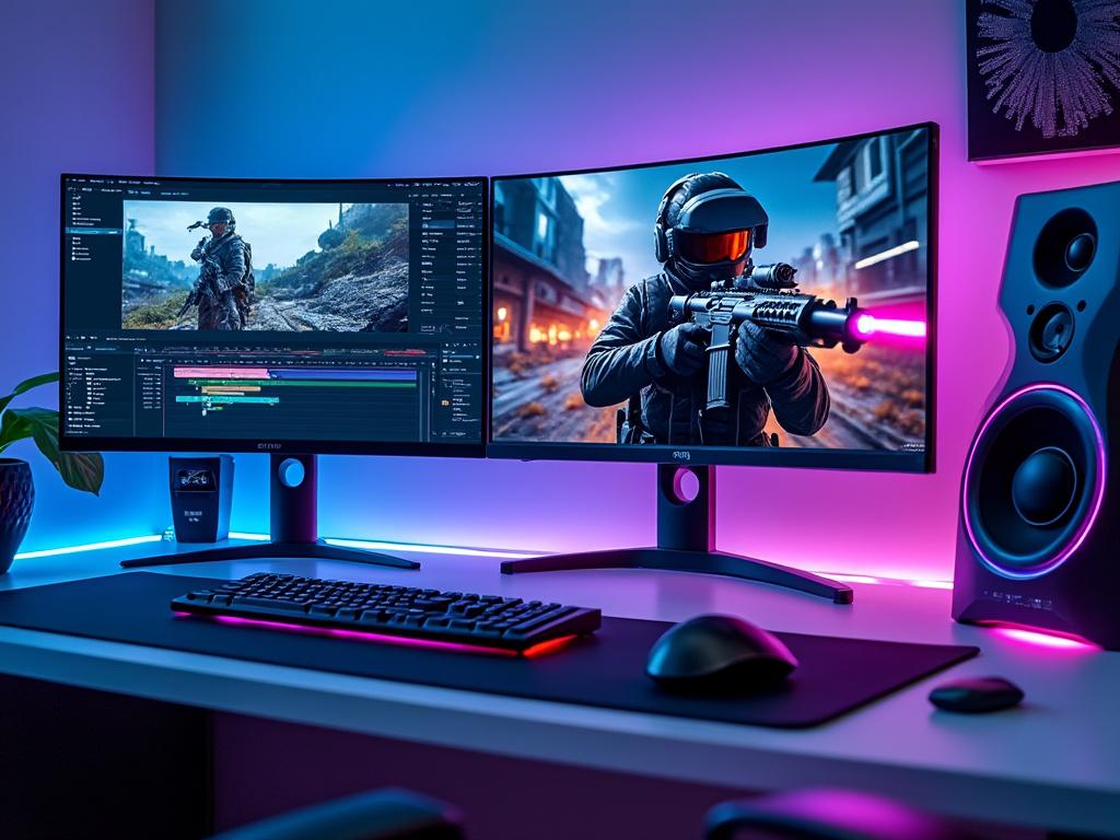 Setup gaming avec double écran et éclairage LED