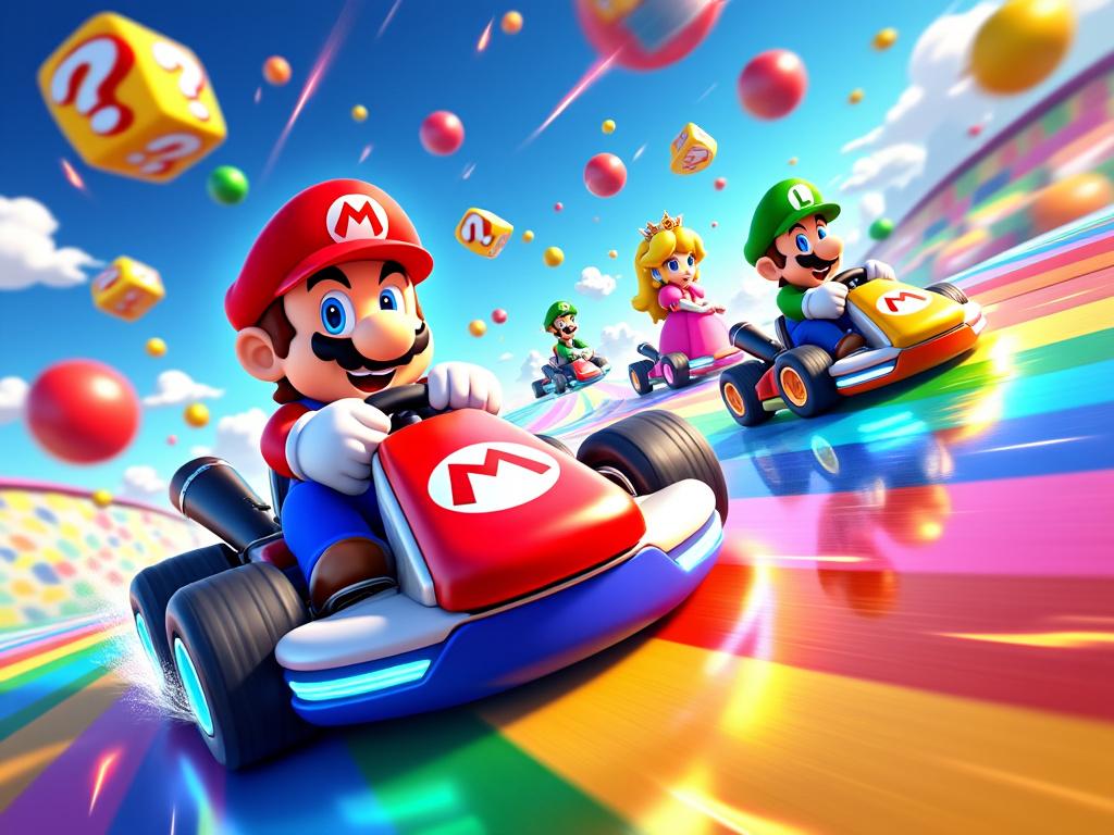 Course de kart avec personnages colorés.