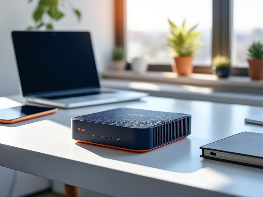 Routeur Wi-Fi sur bureau moderne avec plantes.